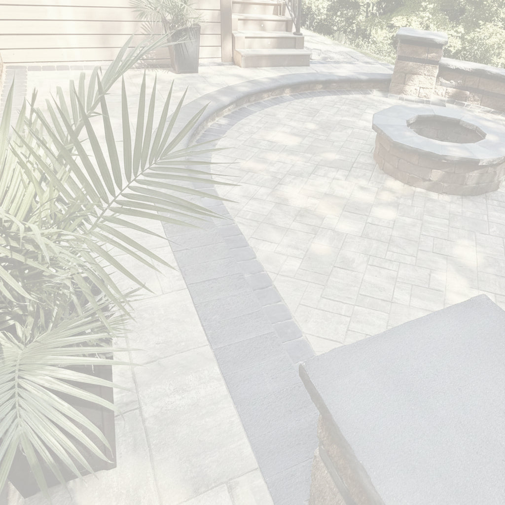 Outdoor patio scene with gray stone pavers, a curved fire pit, a large potted palm, and a stone bench in the foreground.